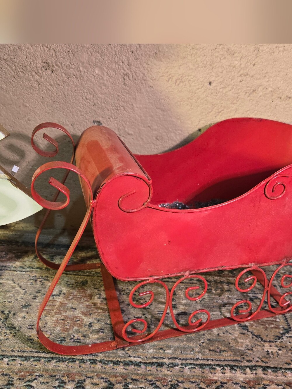 Holiday Christmas Sleigh Red Metal Tin Centerpiece, Candle,Trinket, Candy Holder